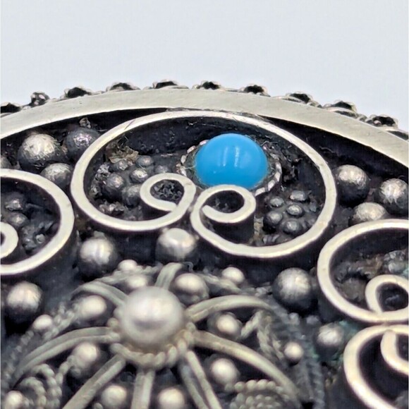 935 Sterling Silver Turquoise Jerusalem Israel Etruscan Revival Brooch Pendant - Picture 8 of 16